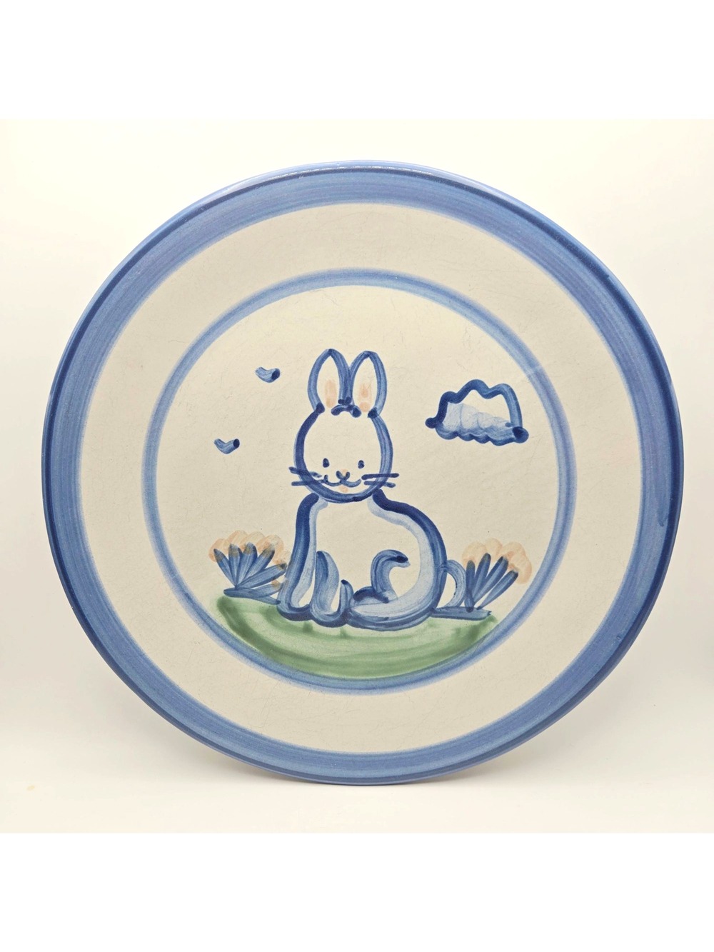 M.A. Hadley Hand-Painted Bunny Stoneware Plate 11" Blue Trim Decorative Wall Art